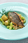 Dorade mit Senf-Dill-Kartoffeln und Gurkengemüse