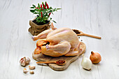 Raw corn-fed chicken with onions and garlic