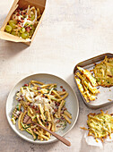 Ham and courgette pasta and macaroni and cheese pancakes