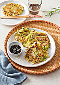 Yachaejeon (Korean vegetable pancakes) with dipping sauce