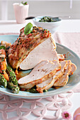 Roast turkey 'Caprese' with spice crust and mozzarella au gratin