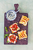 Ricotta toast with peaches and peppers