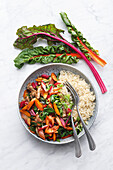 Beef wok with vegetables and rice