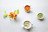 Vegetable sticks with three different dips