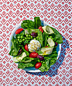 Salad with peas, courgettes, tomatoes and burrata