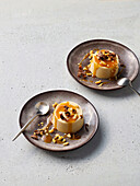 Panna cotta with caramel sauce and nuts