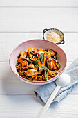 Green spelt risotto with pumpkin and mushrooms