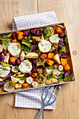 Baked winter vegetables on a tray