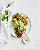 Halloumi and spinach pancakes with cucumber salad