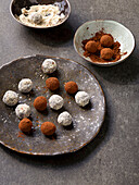 Chocolate truffles with cocoa and icing sugar
