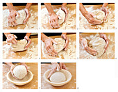 Preparing crispy farmer's bread, kneading dough