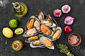 Raw mussels in shell with spices