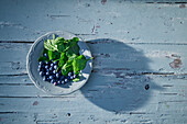 Plate with blueberries and fresh spinach