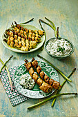 Asparagus in puff pastry with herb dip