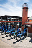 BiciMAD bikes, a bicycle rental program operated by the Madrid City Hall, Spain