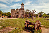 Old wooden cart at the 18th Century Mission San Jose, San Antonio Missions National Historic Park, San Antonio, Texas