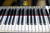 Black and white keys of a Steinway & Sons piano in sharp focus.