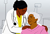 Affectionate, caring female doctor comforting senior patient in hospital