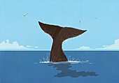 Whale tail splashing above ocean surface