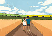 Affectionate couple walking among crops in sunny, rural countryside