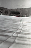 Ski tracks in snow the rustic barn in background, 
