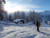 Österreich,Tirol,ein Mann mit einem gelben Rucksack wandert im Neuschnee