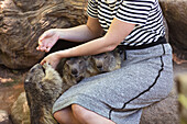 Porträt einer jungen Frau, die Murmeltiere füttert