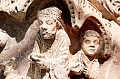 Seine et Marne. Saint Loup de Naud. Church Saint Loup,masterpiece of Romanesque art. Close up on the sculptures of the gate dating from the 12th century,now restored.