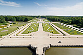 France. Seine et Marne. Castle of Vaux le Vicomte. View of the gardens and the moat from the dome.