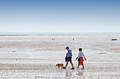 France. La Manche. Hauteville sur Mer at low tide. Spring school vacation period. Tourists walking on the beach.