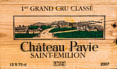 France,Gironde,Saint Emilion (UNESCO World Heritage Site),print of a case of wine from "Château Pavie" (1er grand cru classe of the St Emilion AOC)