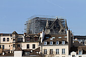 France,Paris,75,4th arrondissement,scaffold on the cathedral Notre Dame of Paris after the fire,seen from the building of the Quai aux Fleurs 17/05/2019