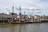 France,Nantes,44,replica of the Hermione,frigate of La Fayette (on the left) and the Belem (on the right) Quai de la Fosse,during the event "Debord de Loire",from the 23rd to the 26th of May 2019