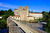 Frankreich,Nouvelle Aquitaine,Lot et Garonne department (47),Barbaste,Moulin des Tours (mill) and romanesque bridge