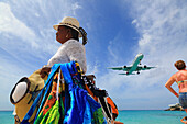 Caribbean,Sint Maarten,airplane landing at Maho bay airport Caribbean