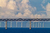 Europe,Scandinavia,Sweden. Skania. Malmoe.Øresund bridge. Offshore wind turbines in the background
