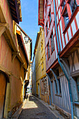 France,Grand Est,Aube,Troyes. Facade of half-timbered house in the city center. Narrow alley