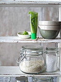 Wasabi paste, rice and salt in a storage jar
