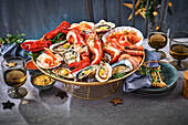 Seafood platter with lobster, oysters and prawns