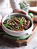 Lentil vegetables with sausages and green beans