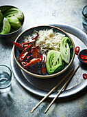 Sticky chicken with basmati rice and bok choy