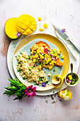 Trout fillet with mango salsa and rice