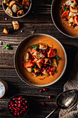 Sweet potato and chestnut soup with croutons