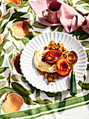 Roasted rum peaches with olive oil fregolotta