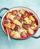 Cheeseburger patty casserole topped with cheese