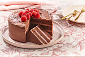 Chocolate cream cake with raspberries