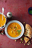  Tomato-lentil-chickpea soup served with toasted flatbread 