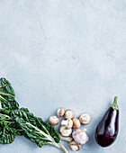 Vegetables for moussaka: aubergine, chard, mushrooms and garlic