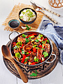  Wok pan with beef, light food, hearty dishes with meat 