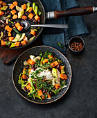 Sweet potato pan with black beans and egg